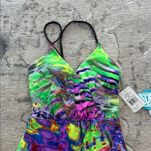 Green and Pink One Piece Swimsuit with Vibrant Design - Picture 5 of 11